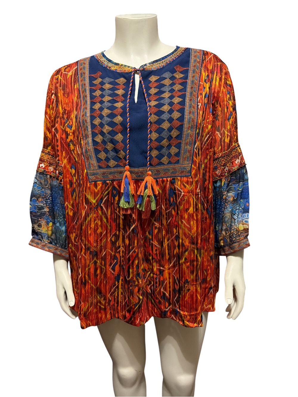John Mark Autumn Hues Boho Tunic Top Plus 2X Ikat Print Embroidered Tassel Tie - Picture 4 of 13